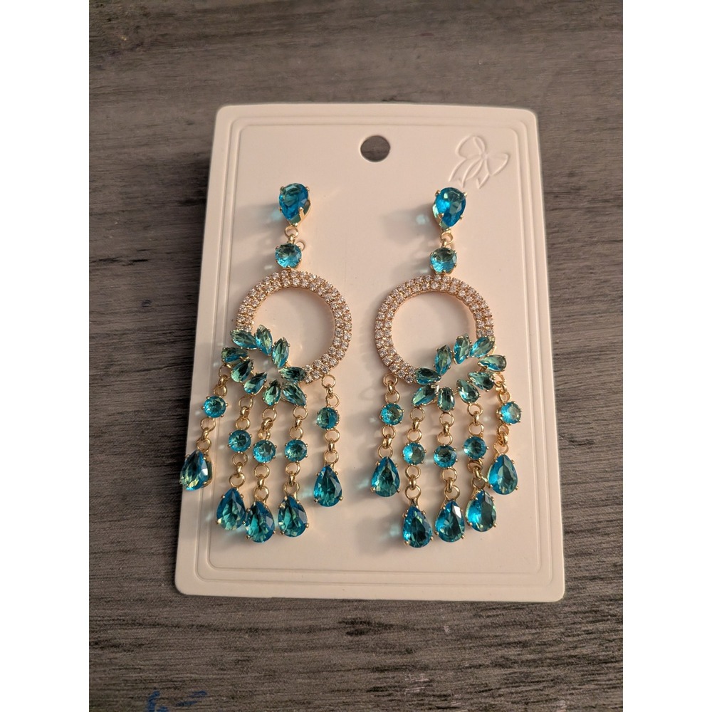 Blue Crystal Chandelier Earrings Gold Tone Teardrop Statement Drop Jewelry